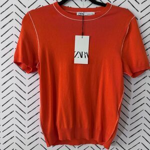 NWT Zara Orange Short Sleeve Knit Top with White Contrast Piping Size M